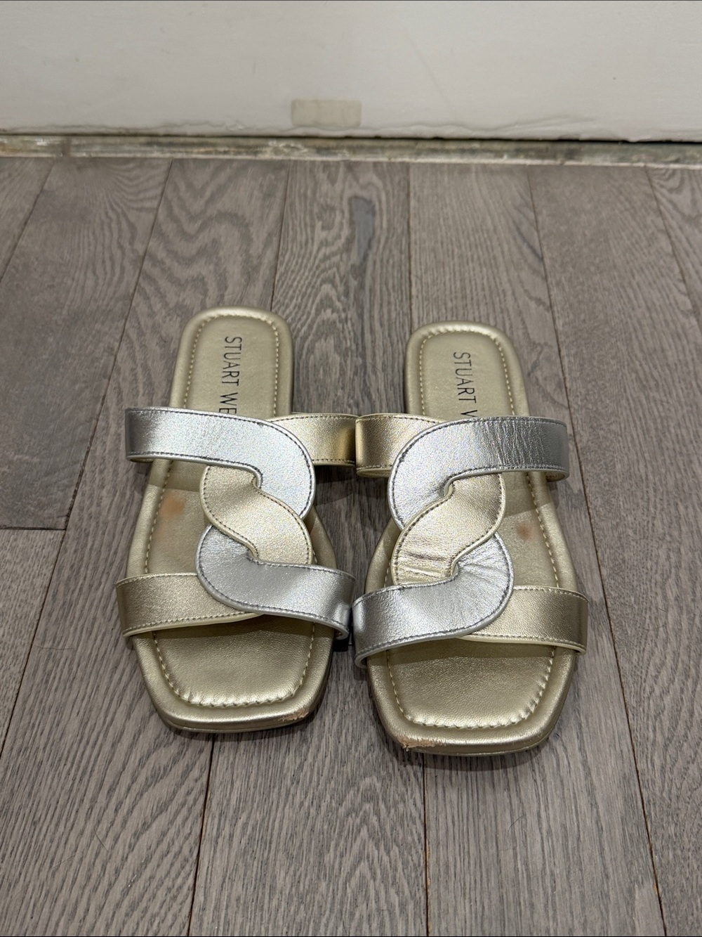 Stuart Weitzman Metallic Gold & Silver Interlock Slide Mules